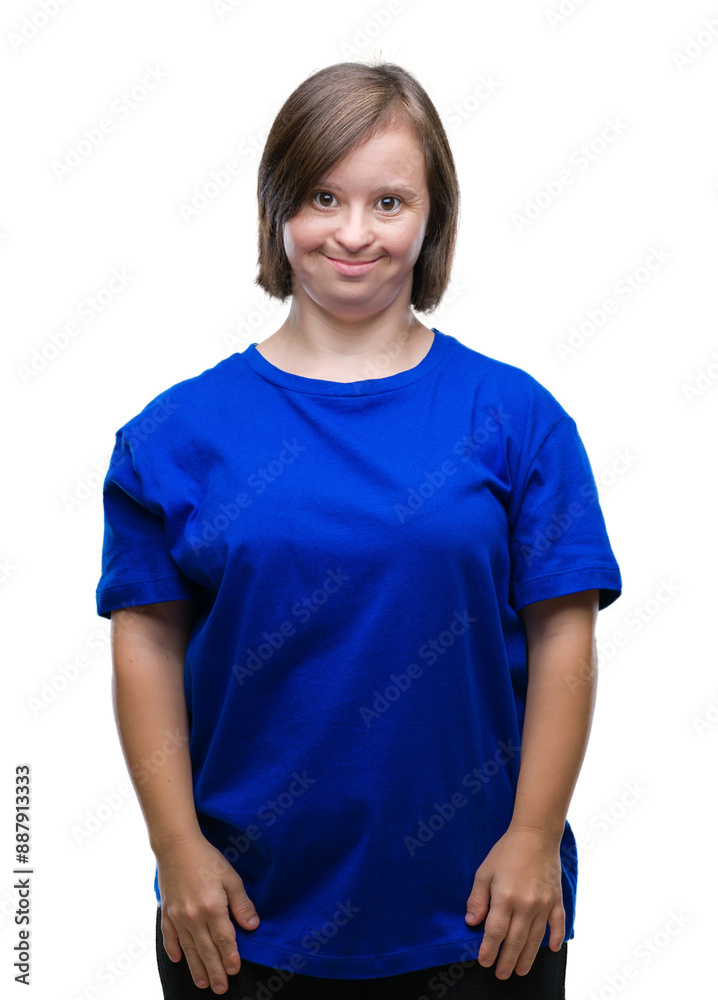 Young adult woman with down syndrome over isolated background with a happy and cool smile on face. Lucky person. Young adult woman with down syndrome over isolated background with a happy and cool smile on face. Lucky person.