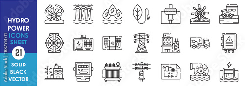 A set of line icons related to hydro power. Green energy, power plant, dam, turbine, generator, transformer, distributor, meter, waves, circuit, poles, water and so on. Vector outline icons set.