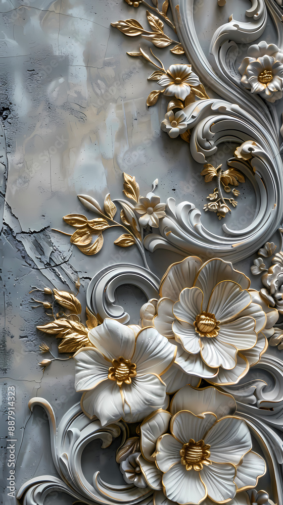 Volumetric stucco molding on a concrete wall with silver and gold elements. sea and mountain landscape Volumetric stucco molding on a concrete wall with silver and gold elements. sea and mountain landscape