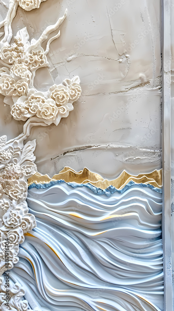Volumetric stucco molding on a concrete wall with silver and gold elements. sea and mountain landscape Volumetric stucco molding on a concrete wall with silver and gold elements. sea and mountain landscape
