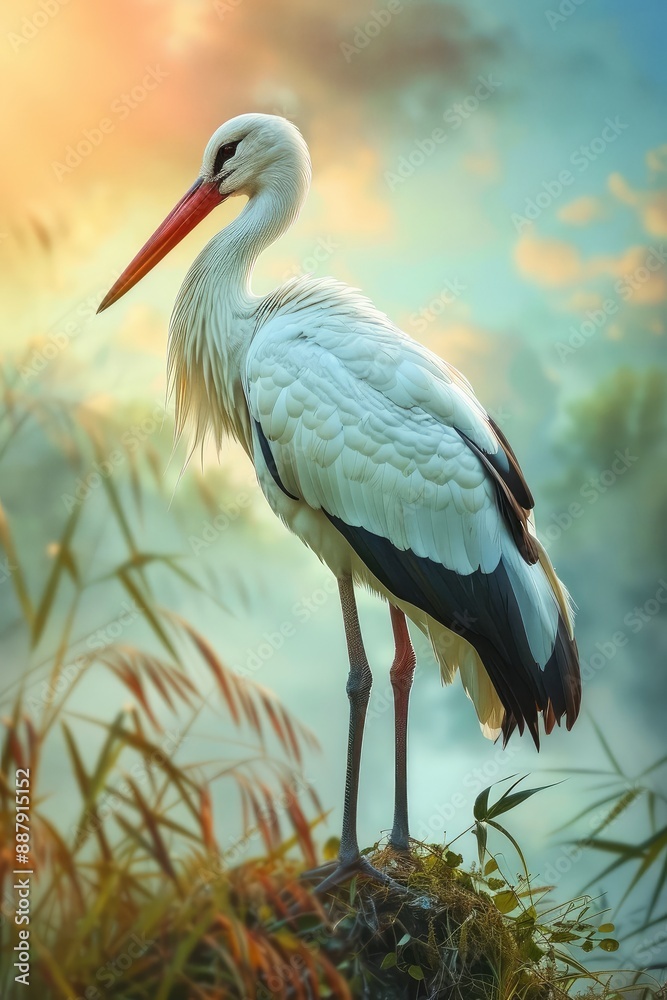 Fototapeta premium Stork portrait on nature. Selective focus.
