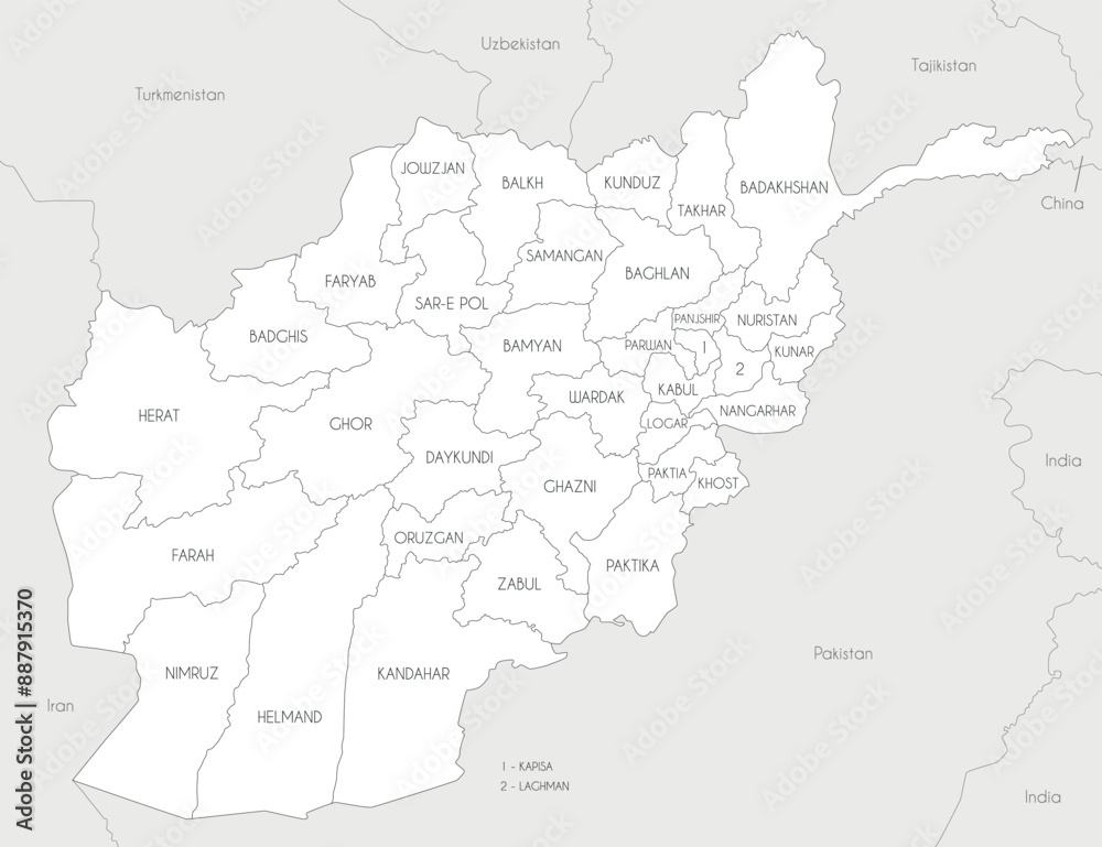 Vector regional map of Afghanistan with provinces and administrative divisions, and neighbouring countries and territories. Editable and clearly labeled layers. Vector regional map of Afghanistan with provinces and administrative divisions, and neighbouring countries and territories. Editable and clearly labeled layers.