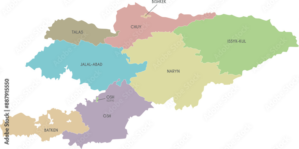 Fototapeta premium Vector map of Kyrgyzstan with regions and administrative divisions. Editable and clearly labeled layers.
