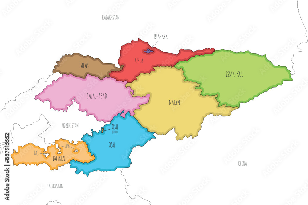Vector illustrated map of Kyrgyzstan with regions and administrative divisions, and neighbouring countries and territories. Editable and clearly labeled layers. Vector illustrated map of Kyrgyzstan with regions and administrative divisions, and neighbouring countries and territories. Editable and clearly labeled layers.