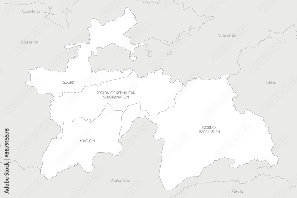Vector regional map of Tajikistan with provinces and administrative divisions, and neighbouring countries and territories. Editable and clearly labeled layers. Vector regional map of Tajikistan with provinces and administrative divisions, and neighbouring countries and territories. Editable and clearly labeled layers.