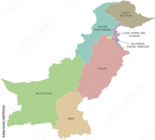 Vector regional map of Pakistan with provinces and territories and administrative divisions. Editable and clearly labeled layers.