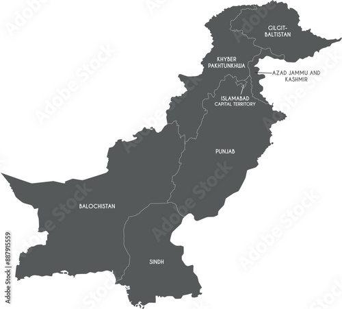 Vector regional map of Pakistan with provinces and territories and administrative divisions. Editable and clearly labeled layers.