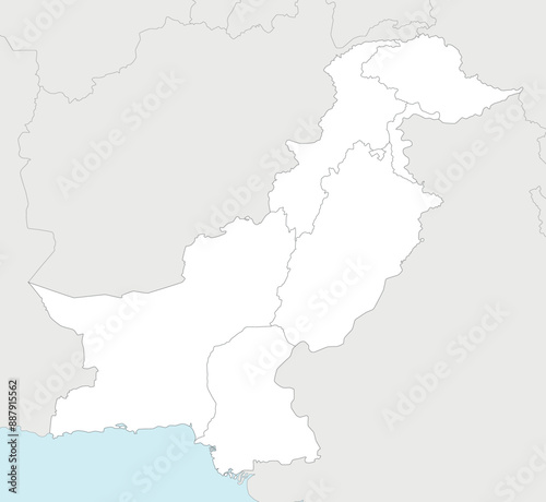 Vector regional blank map of Pakistan with provinces and territories and administrative divisions, and neighbouring countries and territories. Editable and clearly labeled layers.