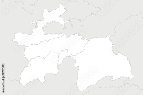 Vector regional blank map of Tajikistan with provinces and administrative divisions, and neighbouring countries and territories. Editable and clearly labeled layers.