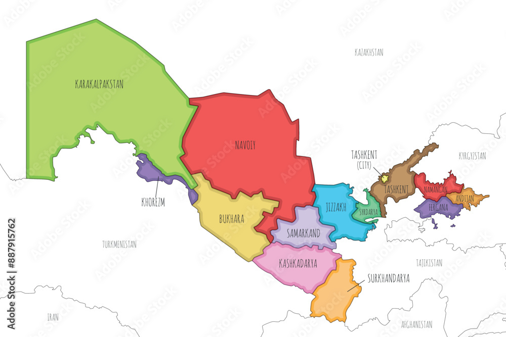 Vector illustrated map of Uzbekistan with regions and administrative divisions, and neighbouring countries and territories. Editable and clearly labeled layers. Vector illustrated map of Uzbekistan with regions and administrative divisions, and neighbouring countries and territories. Editable and clearly labeled layers.