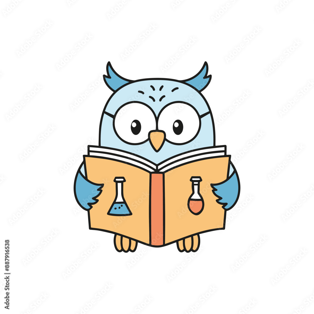 Doodle illustration of a cute owl reading a science textbook