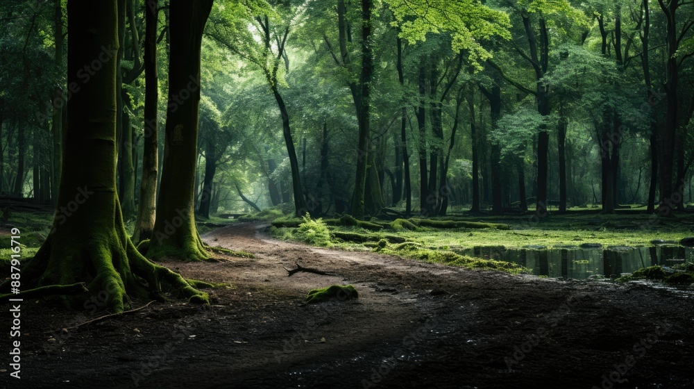 Towering trees in lush woodland Towering trees in lush woodland