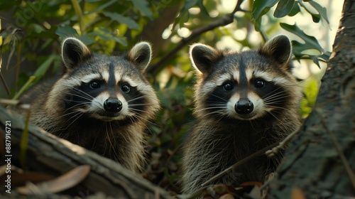 Two raccoons on top of a tree looking forward © willian