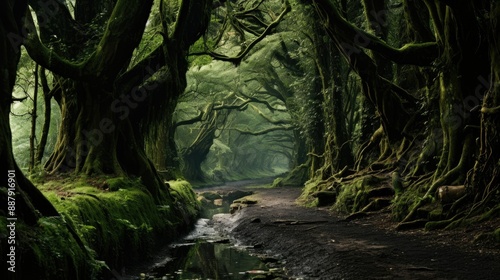 Towering trees in lush woodland