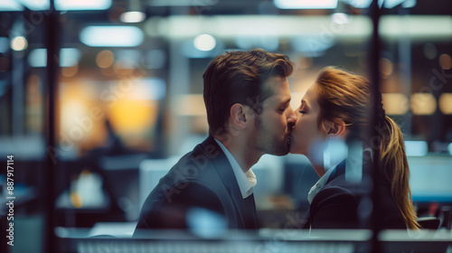 Work colleagues secretly kiss, hiding their affair amidst the office environment, adding an element of secrecy and drama to the workplace setting.


