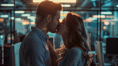 Work colleagues secretly kiss, concealing their affair amidst the office environment, risking professional and personal consequences.








