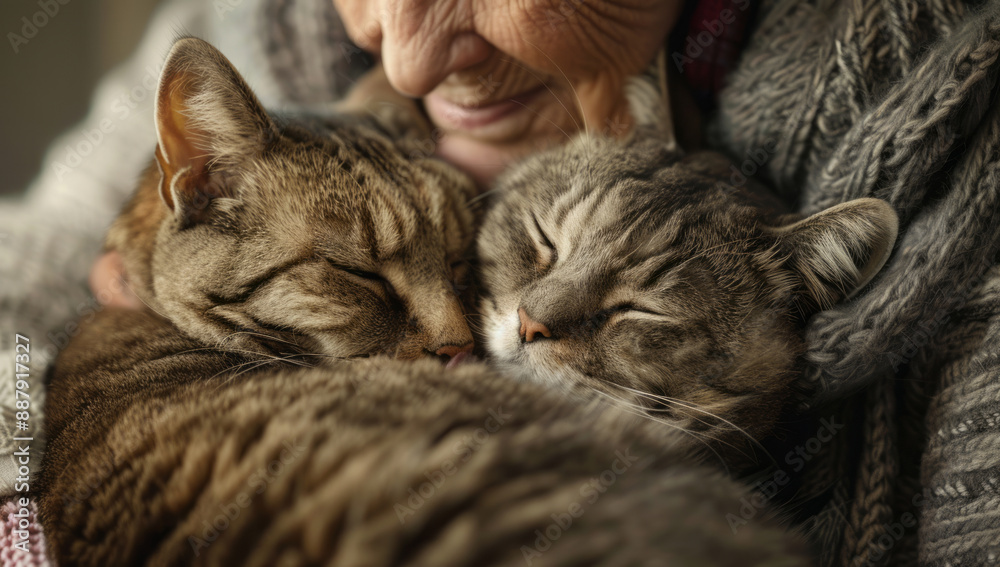 Close-up of an elderly woman cuddling with her cat, Close-up of an elderly woman cuddling with her cat,