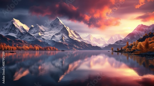 Tranquil lake reflecting towering mountains