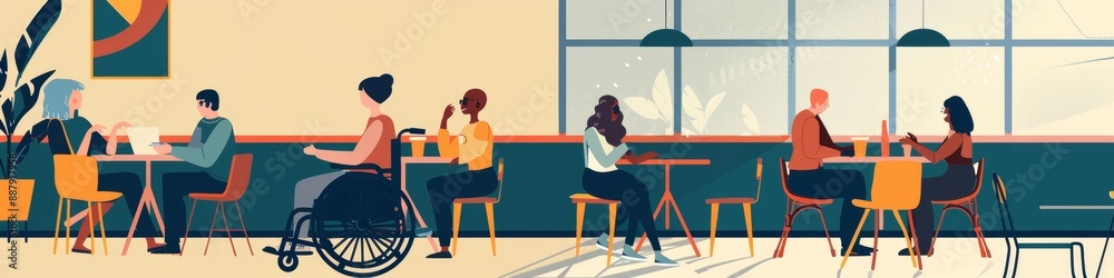 Fototapeta premium Social gathering in a cafe with friends, including a person using a wheelchair, Abstract Social Gathering with Friends, Including Wheelchair Users, in a Café Setting, Depicting Healthy and Happy 