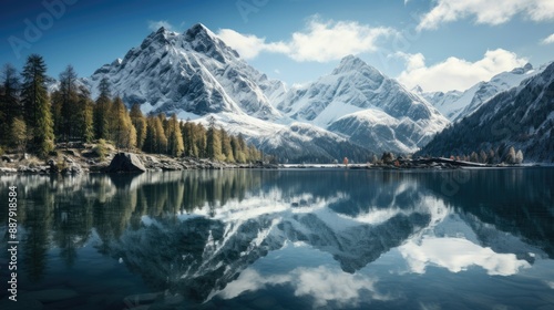 Tranquil lake reflecting towering mountains