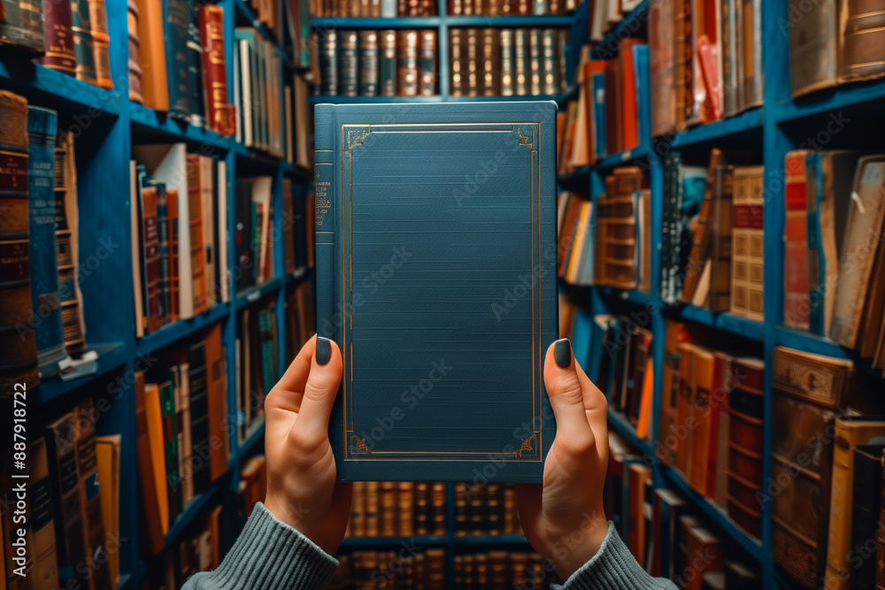 close-up blank book cover mockup in the hands of a person surrounded by shelves of books in a library. Ideal for promoting literature, reading, and book publishing services. Photo close-up blank book cover mockup in the hands of a person surrounded by shelves of books in a library. Ideal for promoting literature, reading, and book publishing services. Photo