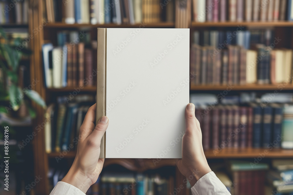 close up photo of a blank book white empty cover mockup being held by a person in a cozy library. perfect for illustrating book design, publishing, and educational themes. Photo close up photo of a blank book white empty cover mockup being held by a person in a cozy library. perfect for illustrating book design, publishing, and educational themes. Photo