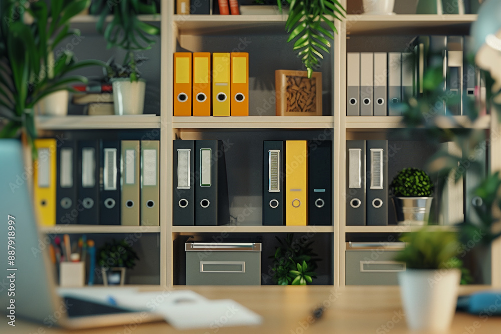 Professional shot showcasing a well-organized contemporary office space featuring shelves filled with file folders and a tidy desk, ideal for illustrating efficient business practi Professional shot showcasing a well-organized contemporary office space featuring shelves filled with file folders and a tidy desk, ideal for illustrating efficient business practi