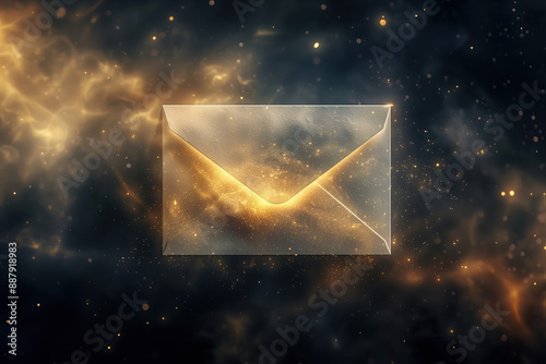 Cinematic depiction of an envelope floating in space. The background is dark yet mystical, creating depth against the bright light shining from within the envelope. 