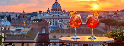 Two glasses of Aperol against the backdrop of Italy. Selective focus.