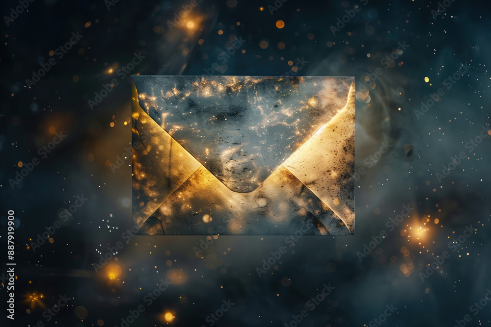 Fototapeta premium Cinematic depiction of an envelope floating in space. The background is dark yet mystical, creating depth against the bright light shining from within the envelope.