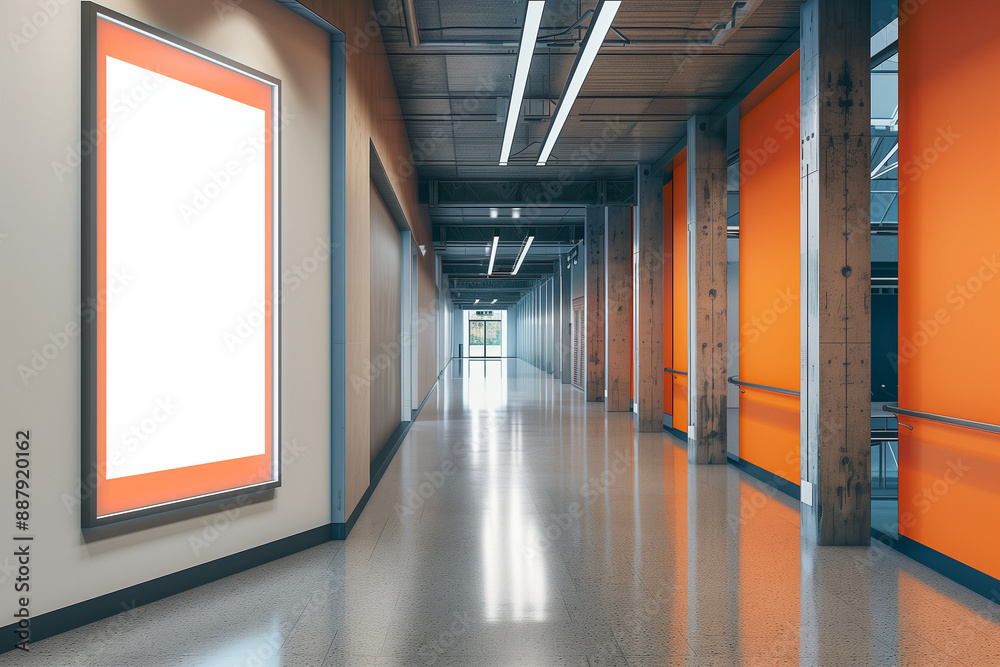 blank poster frame mockup in a modern university campus hallway, perfect for showcasing institutional announcements and student events. Photo blank poster frame mockup in a modern university campus hallway, perfect for showcasing institutional announcements and student events. Photo