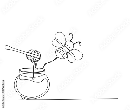 Continuous one line drawing of honey pot and flying bee. Simple illustration of honey bee on the glass jar line art vector illustration.
