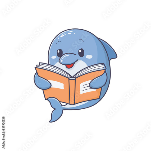 Doodle illustration of a cute dolphin reading a book