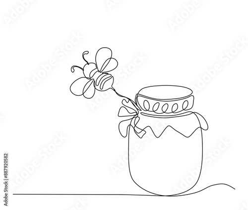 Continuous one line drawing of honey pot and flying bee. Simple illustration of honey bee on the glass jar line art vector illustration.