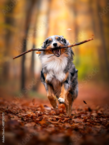Dog, Lucky Australian Shepherd running with sticks the autumn forest, Pet in Nature, trekking, hiking, travel