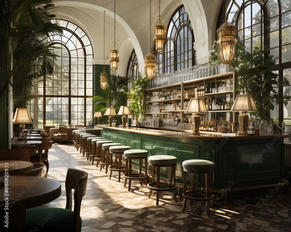Modern café with high arched windows, cozy seating, and green decor. Modern café with high arched windows, cozy seating, and green decor.