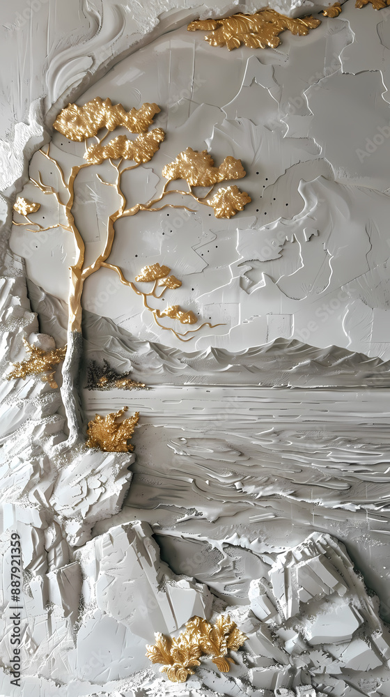 Volumetric stucco molding on a concrete wall with silver and gold elements. sea and mountain landscape Volumetric stucco molding on a concrete wall with silver and gold elements. sea and mountain landscape