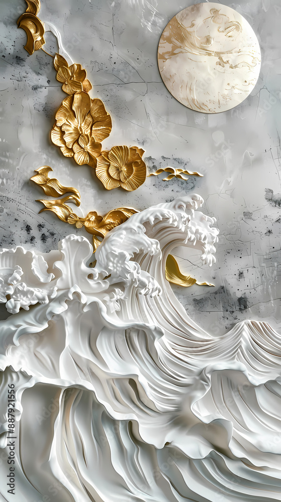 Volumetric stucco molding on a concrete wall with silver and gold elements. sea and mountain landscape Volumetric stucco molding on a concrete wall with silver and gold elements. sea and mountain landscape