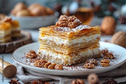 Wallpaper Mural Greece Baklava Diamond-shaped pieces of flaky pastry layered with chopped nuts and honey syrup, served on a white plate with a drizzle of extra honey. Torontodigital.ca