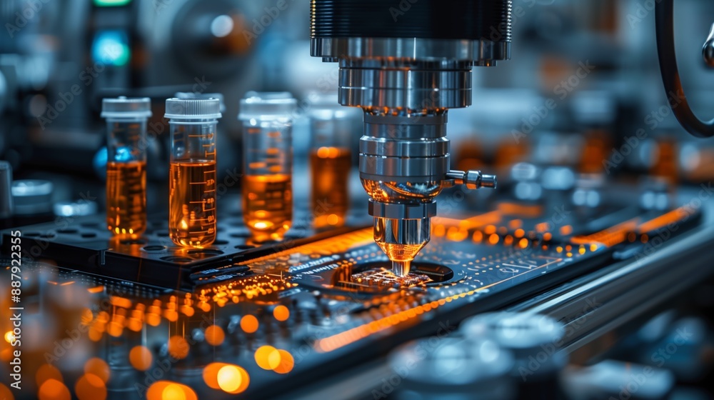 A close-up of an industrial machine applying liquid from a test tube to a circuit board in a factory setting. A close-up of an industrial machine applying liquid from a test tube to a circuit board in a factory setting.