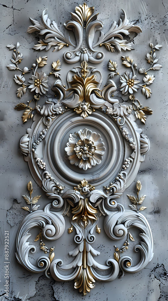 Volumetric stucco molding on a concrete wall with silver and gold elements. sea and mountain landscape Volumetric stucco molding on a concrete wall with silver and gold elements. sea and mountain landscape