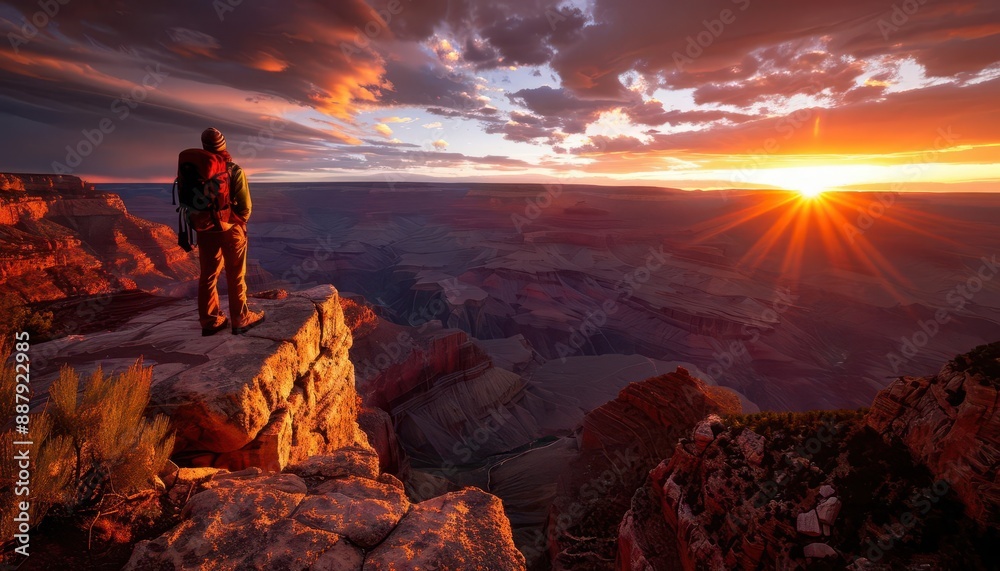 Fototapeta premium The adventurous spirit of solo travel, a backpacker standing at the edge of a majestic canyon at sunrise