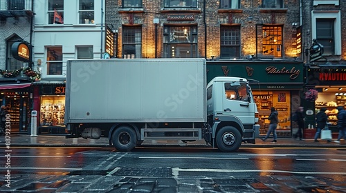 Blank White Mockup on Small Truck: City Street Advertisement Template