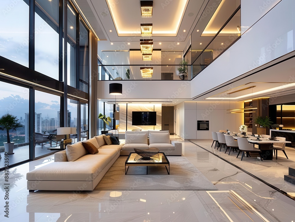 Naklejka premium The understated elegance of minimalist home interiors, a spacious room with sleek designs and monochromatic tones