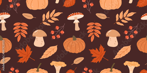 Autumn cozy pattern with mushrooms, leaves, plants, pumpkins on a dark background