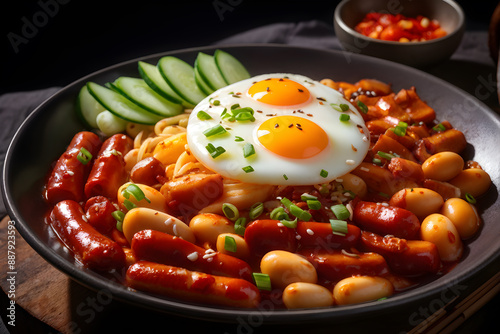 Fiery red sauce, tteokbokki, and a golden egg photo