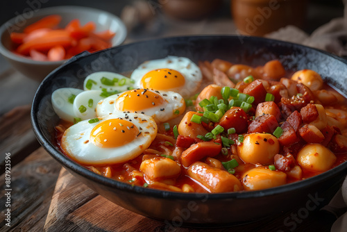 A mouthwatering view of tteokbokki in a fiery red sauce. The dish features fish cakes, a fried egg, and garnishes of green onions and sesame seeds