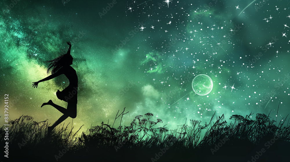 Night landscape with Silhouette of a woman jumping and starry night with Night landscape with Silhouette of a woman jumping and starry night with