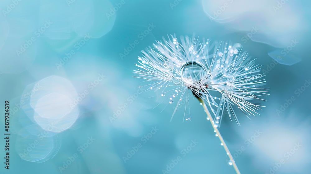 Fototapeta premium A dandelion seed head covered in morning dew, set against a soft blue background, symbolizes purity and new beginnings.