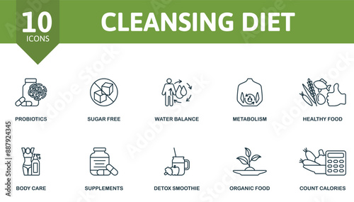 Cleansing Diet thin line icon set. Probiotics, Sugar Free, Water Balance, Metabolism, Healthy Food, Bady Care, Supplements, Detox Smoothie, Organic Food, Count Calories icons and more